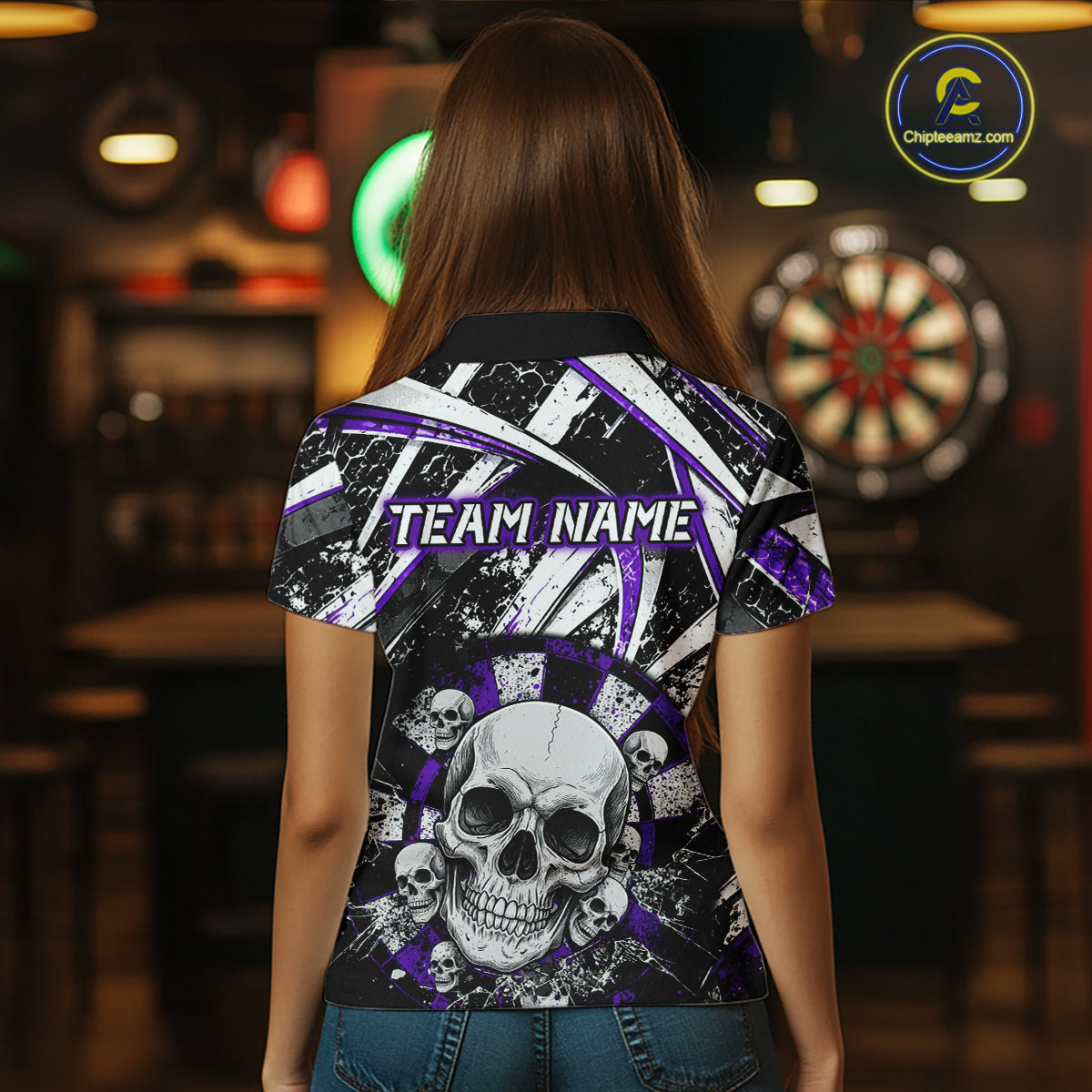Black & Purple Dartboard Grunge Women Darts Polo Shirts Custom Multi-Skull Dart Team Jerseys NYN2350