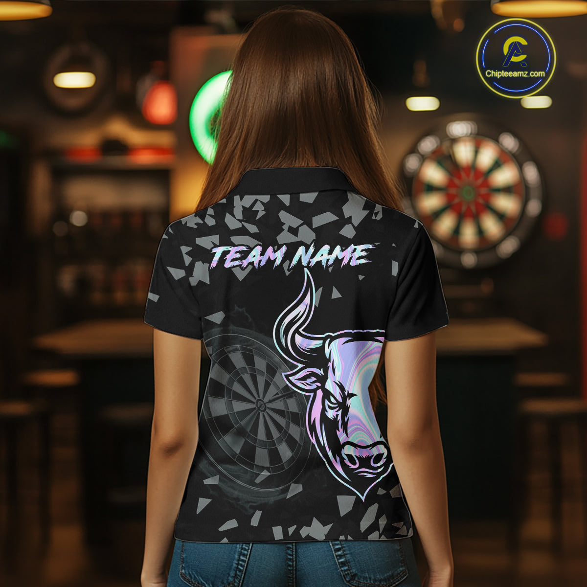 Bull & Dartboard Custom Grunge Women Darts Polo Shirt Holographic Darts Team Jersey NYN2353