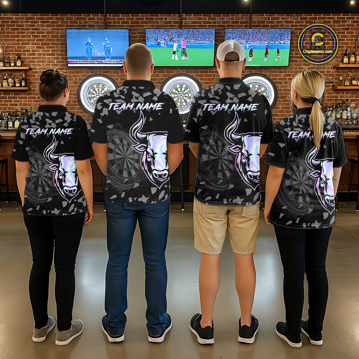 Bull & Dartboard Custom Grunge Men's Darts 1/4-Zip Shirt Holographic Darts Team Jersey NYN2353