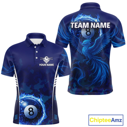 Blue Camouflage Men's Billiard Polo & 1/4 Zip Shirt Custom Flame 8 Ball Billiard Jerseys NYN2359