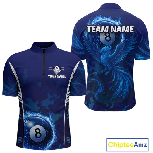 Blue Camouflage Men's Billiard Polo & 1/4 Zip Shirt Custom Flame 8 Ball Billiard Jerseys NYN2359