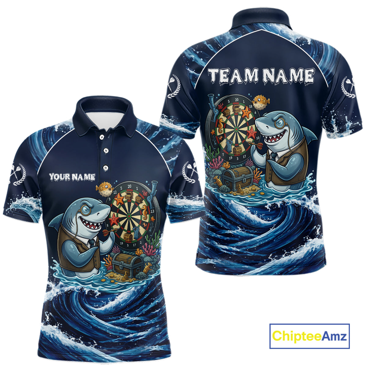 Blue Waving Funny Shark Play Darts Polo & 1/4-Zip Shirt For Men Custom Name Dart Jersey For Darters NYN2977