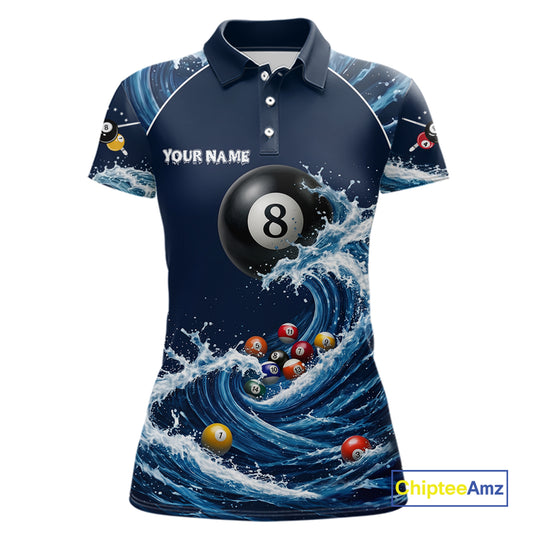 Blue Waving 8 Ball Pool Shirts Custom Billiard Pool Shirts For Women 3D Billiard Team Attire NYN2978
