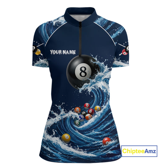 Blue Waving 8 Ball Pool Shirts Custom Billiard Pool Shirts For Women 3D Billiard Team Attire NYN2978