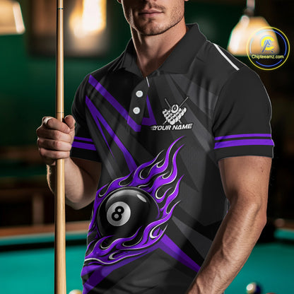 Fire Flame 8 Ball Billiard Team Shirt For Men Custom Black And Purple Pool Billiard Team Jersey NYN3968