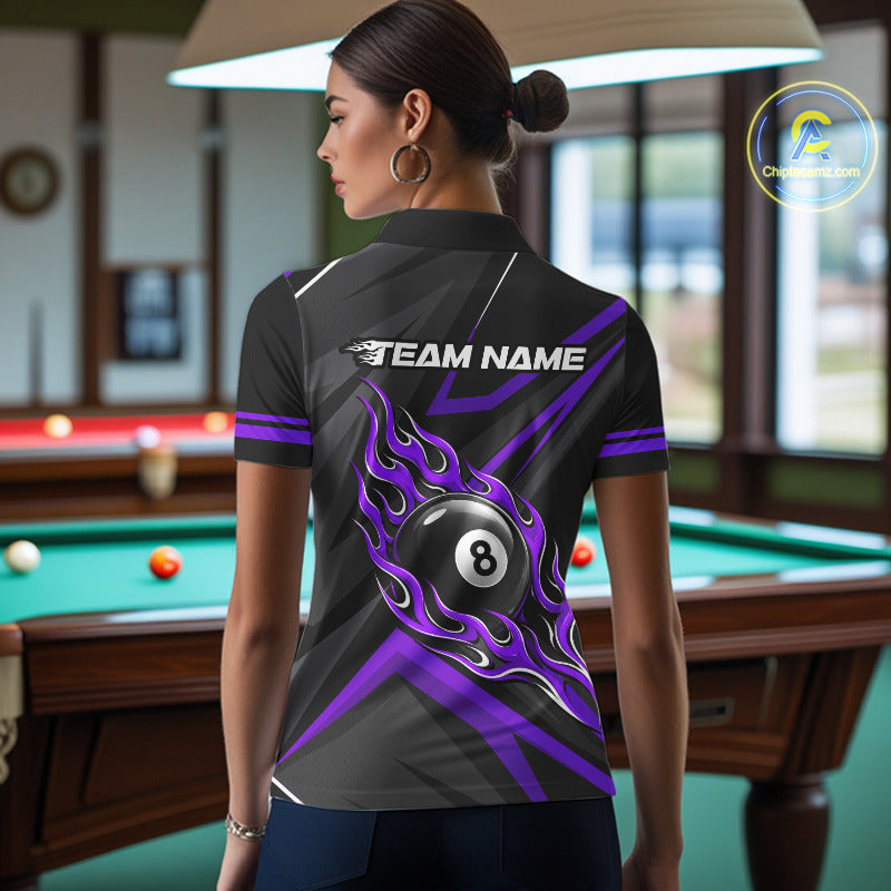 Fire Flame 8 Ball Billiard Team Shirt For Women Custom Black And Purple Pool Billiard Team Jersey NYN3968