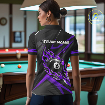 Fire Flame 8 Ball Billiard Team Shirt For Women Custom Black And Purple Pool Billiard Team Jersey NYN3968