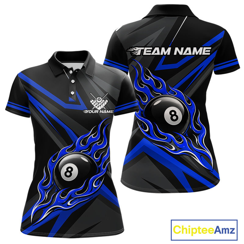 Fire Flame 9 Ball Billiard Team Shirt For Women Custom Black And Blue Pool Billiard Team Jersey NYN3969