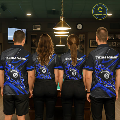 Fire Flame 9 Ball Billiard Team Shirt For Women Custom Black And Blue Pool Billiard Team Jersey NYN3969