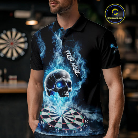 Custom Blue Ice Smoke Skull Dartboard Darts Polo Shirt For Men Dart League Jerseys NYN2122