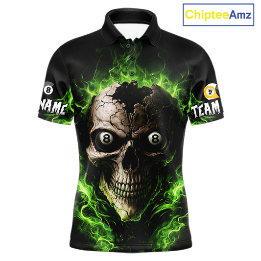 Green Flaming Cracked Skull 8 Ball & 9 Ball Pool Billiard Shirt For Men Custom Billiard Apparel NYN2635