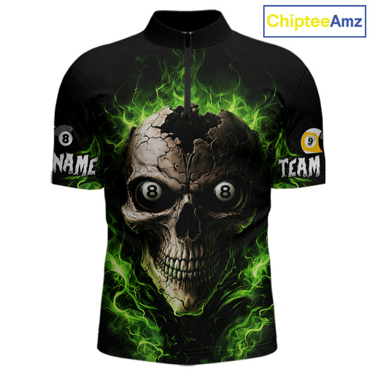 Green Flaming Cracked Skull 8 Ball & 9 Ball Pool Billiard Shirt For Men Custom Billiard Apparel NYN2635