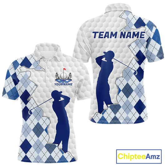 Custom Argyle Pattern Golf Polo Shirts For Men, Blue Argyle Golf Ball White Golf Clothing Shirts NYN2990