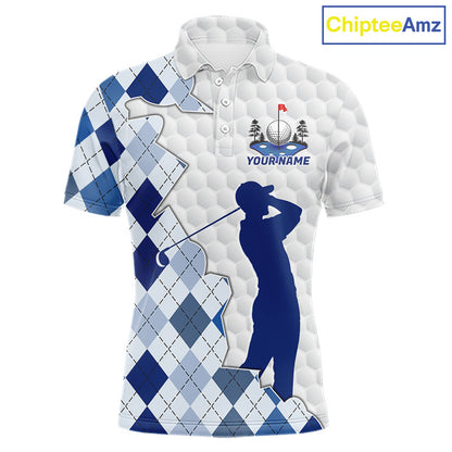 Custom Argyle Pattern Golf Polo Shirts For Men, Blue Argyle Golf Ball White Golf Clothing Shirts NYN2990