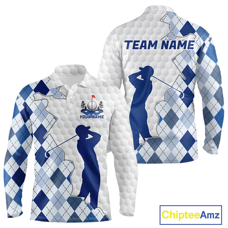 Custom Argyle Pattern Golf Polo Shirts For Men, Blue Argyle Golf Ball White Golf Clothing Shirts NYN2990