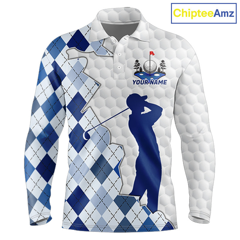 Custom Argyle Pattern Golf Polo Shirts For Men, Blue Argyle Golf Ball White Golf Clothing Shirts NYN2990