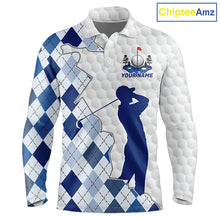 Load image into Gallery viewer, Custom Argyle Pattern Golf Polo Shirts For Men, Blue Argyle Golf Ball White Golf Clothing Shirts NYN2990