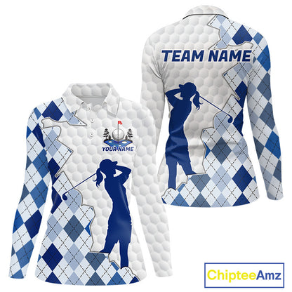 Custom Argyle Pattern Golf Polo Shirts For Women, Blue Argyle Golf Ball White Golf Clothing Shirts NYN2990