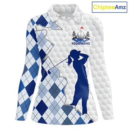 Custom Argyle Pattern Golf Polo Shirts For Women, Blue Argyle Golf Ball White Golf Clothing Shirts NYN2990