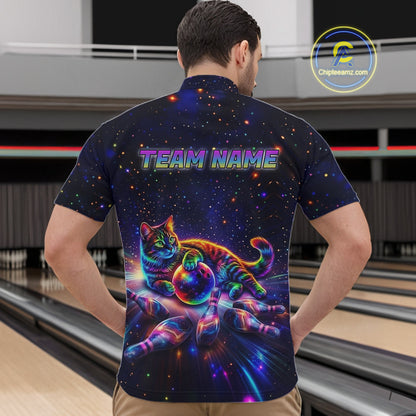 Funny Cat Bowling Polo Quarter-Zip Shirts For Men Custom Colorful Bowling Galaxy Team Jerseys NYN3417