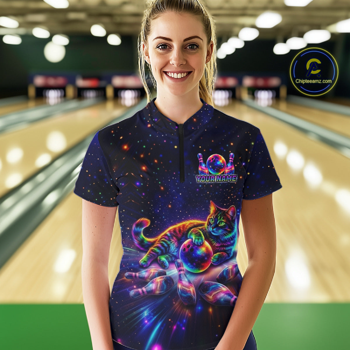 Funny Cat Bowling Polo Quarter-Zip Shirts For Women Custom Colorful Bowling Galaxy Team Jerseys NYN3417