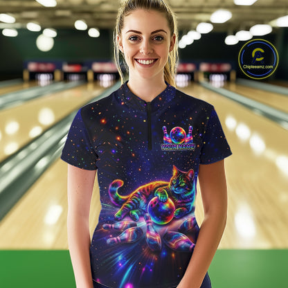 Funny Cat Bowling Polo Quarter-Zip Shirts For Women Custom Colorful Bowling Galaxy Team Jerseys NYN3417