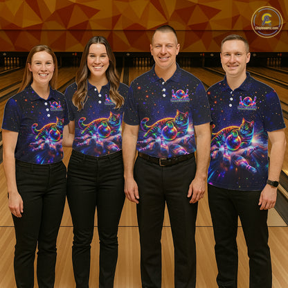 Funny Cat Bowling Polo Quarter-Zip Shirts For Women Custom Colorful Bowling Galaxy Team Jerseys NYN3417