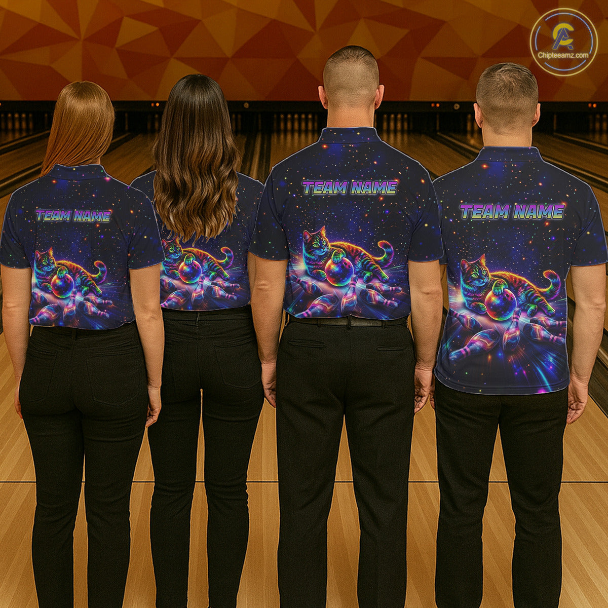Funny Cat Bowling Polo Quarter-Zip Shirts For Women Custom Colorful Bowling Galaxy Team Jerseys NYN3417