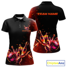 Load image into Gallery viewer, Women's bowling polo featuring flaming bowling ball and pins, personalized bowling tournament apparel for fire lovers, motorsport fans and competitive bowlers, symbolizing passion, courage, energy and victory.