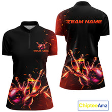 Load image into Gallery viewer, Women's quarter-zip bowling jersey featuring fire flame bowling artwork, premium tournament apparel symbolizing confidence, resilience and championship ambition.
