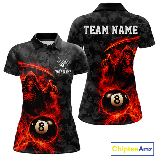 Personalized Red Flaming Grim Reaper 8 Ball Pool Billiard Shirts For Women Billiard Attire Gifts NYN2792