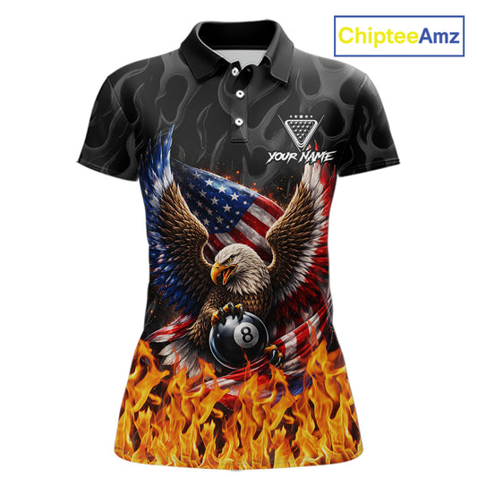 Personalized Fire Flame US Flag Eagle 8 Ball Pool Billiard Shirts For Women Patriotic Billiard Gifts NYN2793