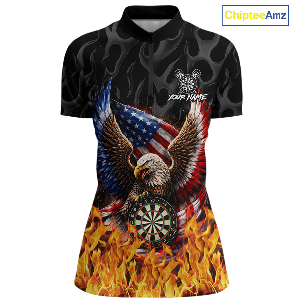 Personalized Fire Flame US Flag Eagle Dart Polo & 1/4-Zip Shirts For Women Patriotic Dart Gifts NYN2795