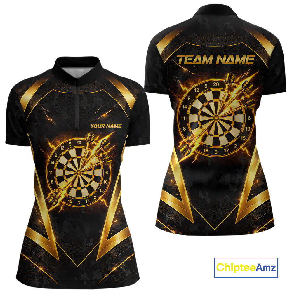 Black Yellow Dartboard Camo Women Darts Polo & 1/4-Zip Shirt Custom Thunder Dart Team Jersey NYN3008