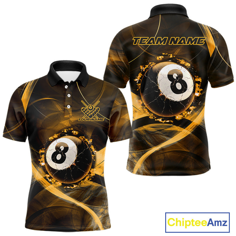 
Yellow Smoke Cracked 8 Ball Pool Shirt For Men Custom Billiard Polo Quarter Zip Team Jersey