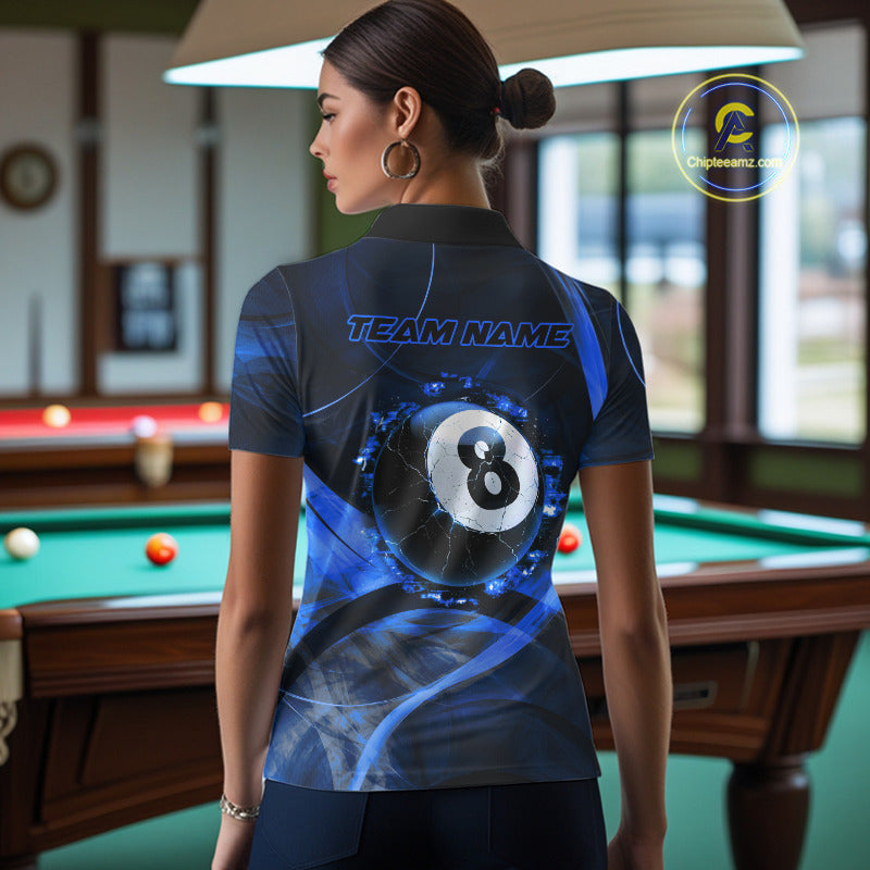 Smoke Cracked Billiard 8 Ball Pool Shirt For Women Custom Billiard Polo & 1/4 Zip Team Attire | Blue NYN3423