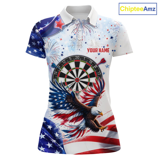 American Flag Eagle women's darts polo featuring patriotic eagle and USA flag artwork, custom darts team jersey, veterans tournament apparel, personalized championship league uniform