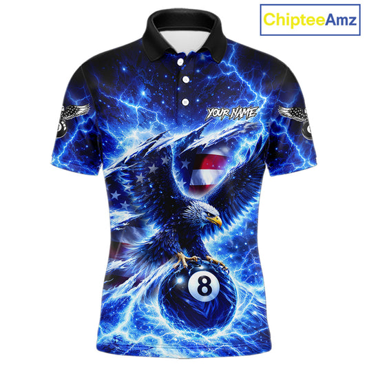 Torn US Flag Thunder Eagle Pool 8 Ball Men Billiard Shirt Custom Patriotic Billiard Apparel|Blue NYN2638