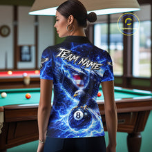 Load image into Gallery viewer, Torn US Flag Thunder Eagle Pool 8 Ball Women Billiard Shirt Custom Patriotic Billiard Apparel|Blue NYN2638