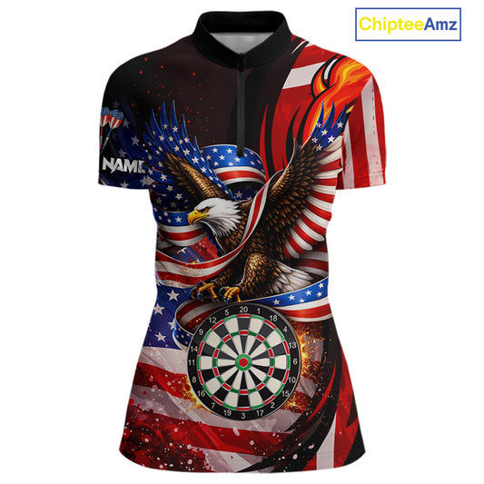 Custom US Flag Funny Eagle Dartboard Darts Women Polo & 1/4-Zip Shirts Patriotic Dart Team Jerseys NYN2805