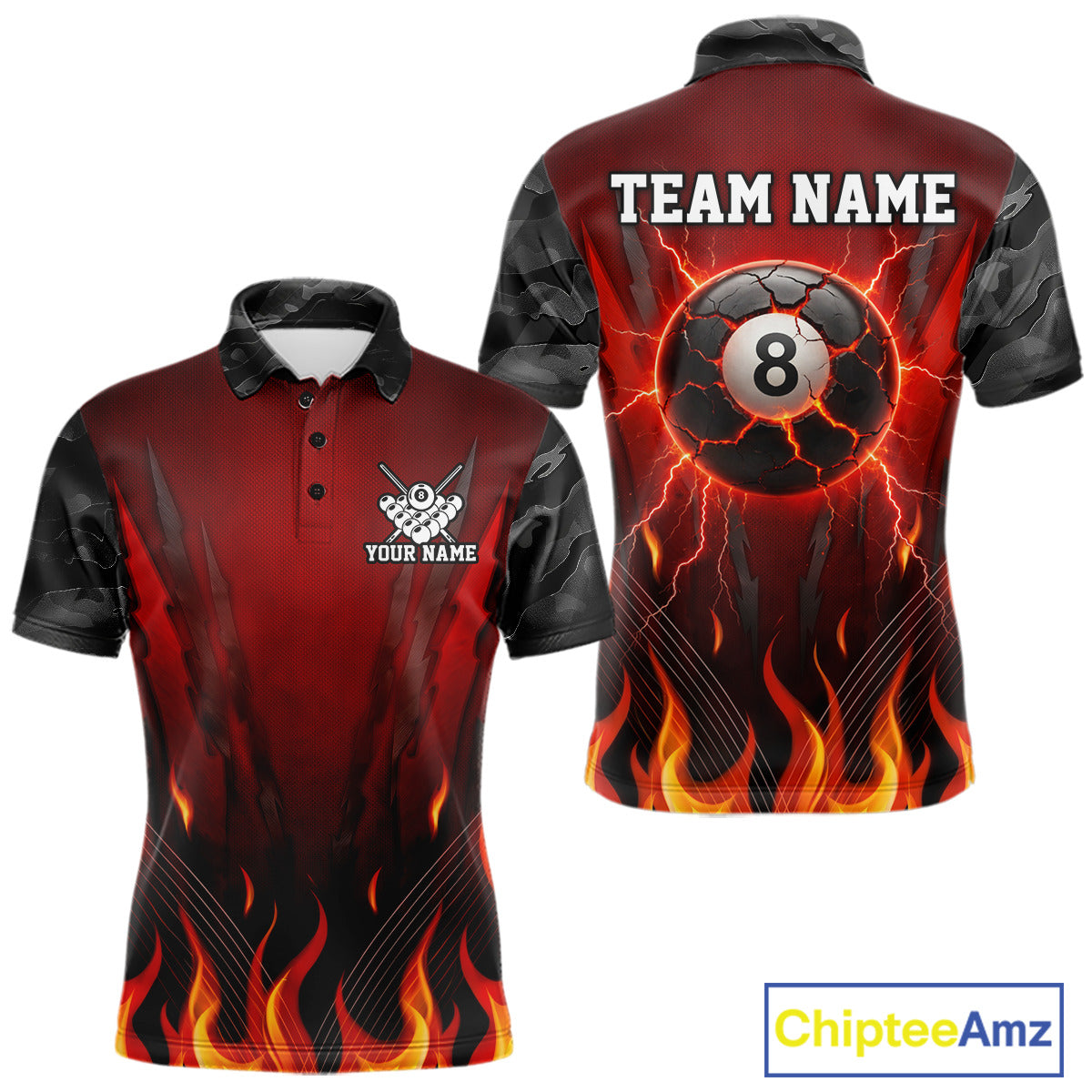 Personalized 8 Ball Red Flames Pool Billiard Polo & 1/4 Zip For Men Custom Camo Billiard Team Jerseys NYN3011