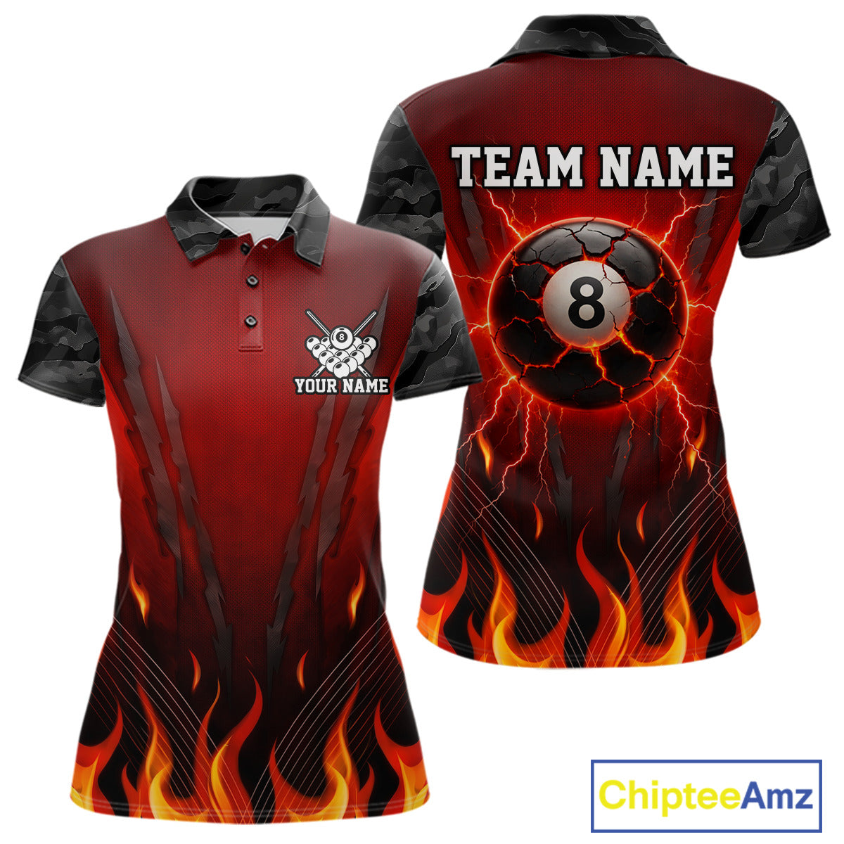 Personalized 8 Ball Red Flames Pool Billiard Polo & 1/4 Zip For Women Custom Camo Billiard Team Jerseys NYN3011