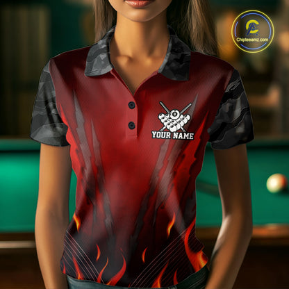 Personalized 8 Ball Red Flames Pool Billiard Polo & 1/4 Zip For Women Custom Camo Billiard Team Jerseys NYN3011