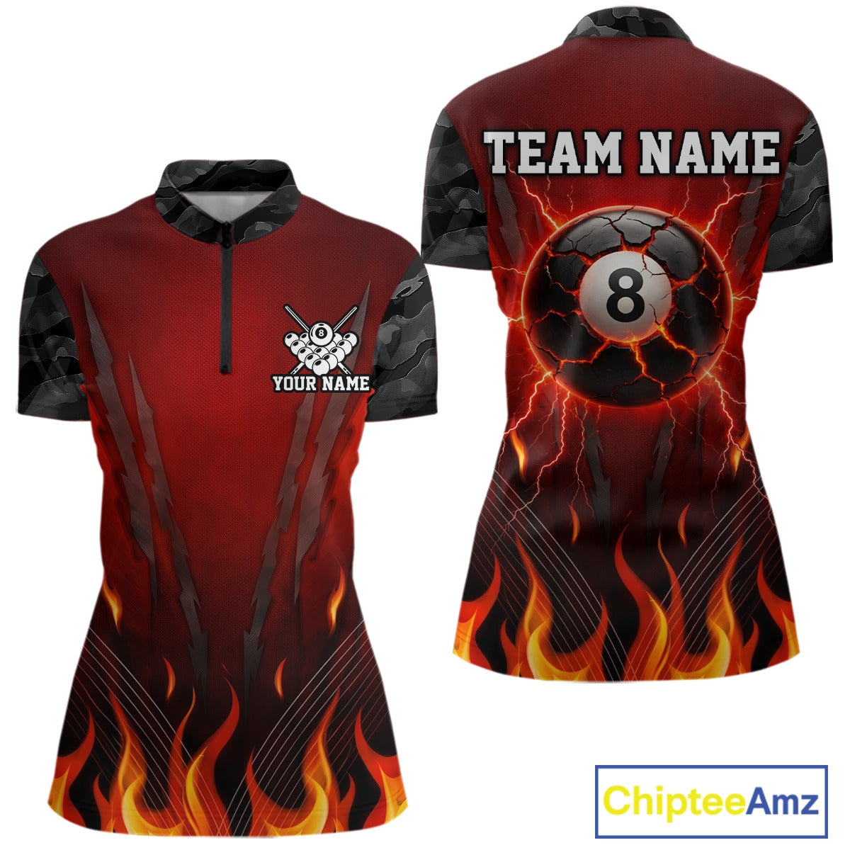 Personalized 8 Ball Red Flames Pool Billiard Polo & 1/4 Zip For Women Custom Camo Billiard Team Jerseys NYN3011