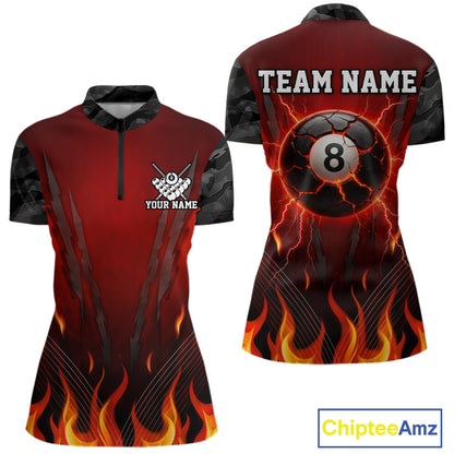 Personalized 8 Ball Red Flames Pool Billiard Polo & 1/4 Zip For Women Custom Camo Billiard Team Jerseys NYN3011