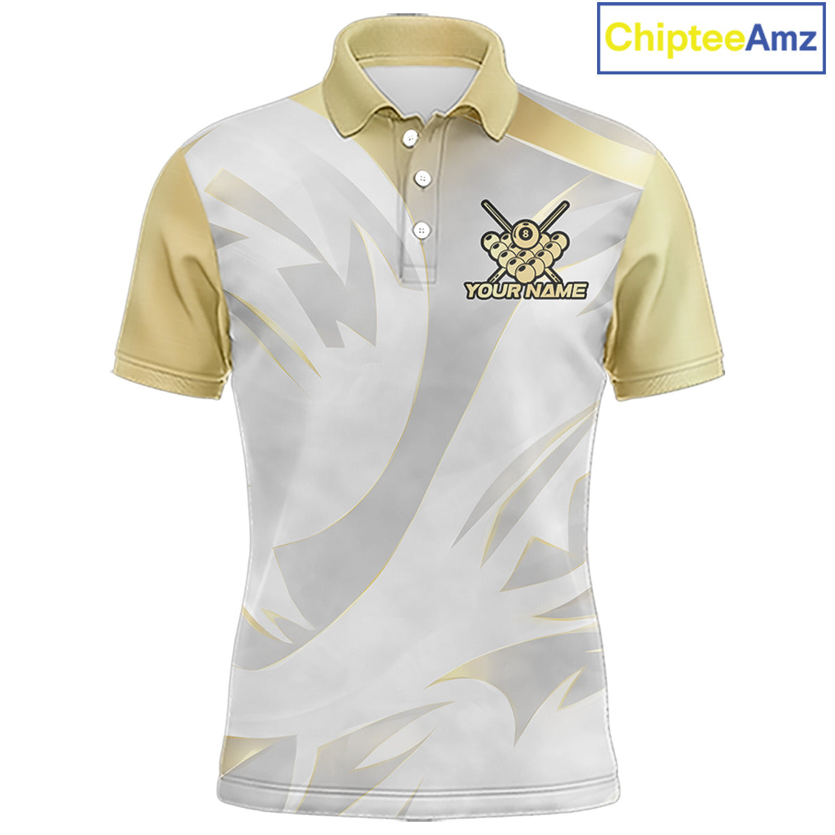Personalized White And Gold Crown 8 Ball Pool Billiard Polo & 1/4 Zip For Men, Billiard Team Attire NYN3014
