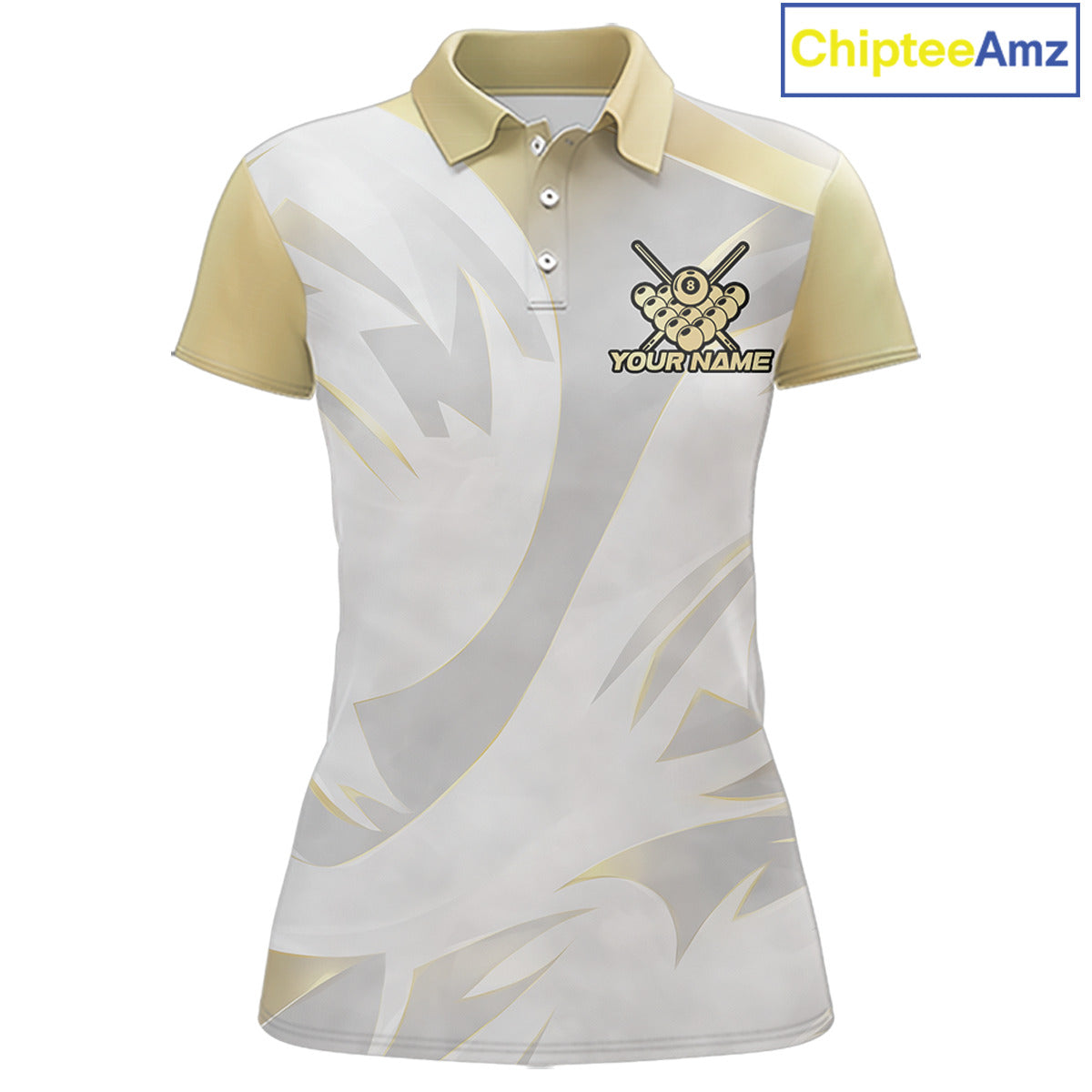 Personalized White And Gold Crown 8 Ball Pool Billiard Polo & 1/4 Zip For Women, Billiard Team Attire NYN3014