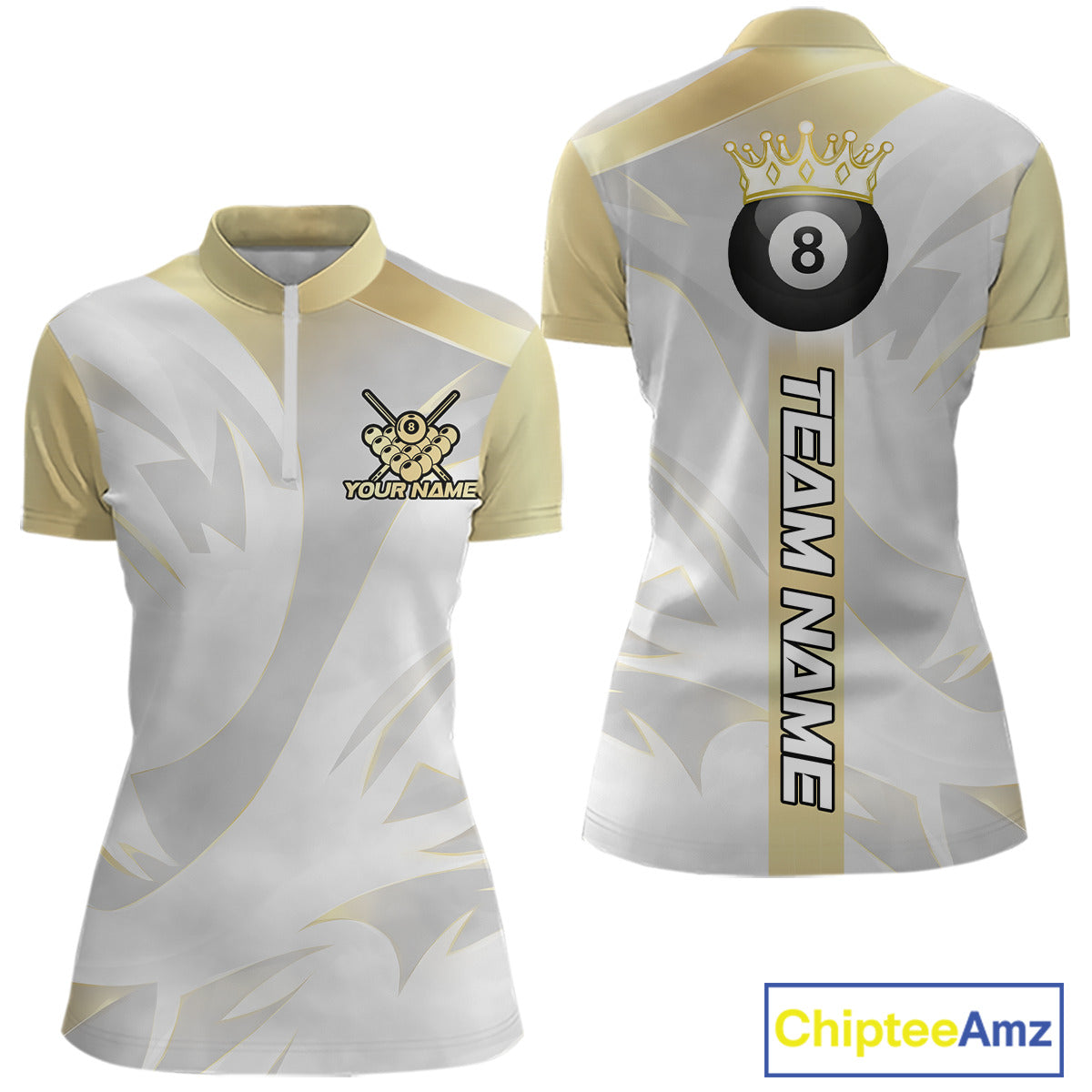 Personalized White And Gold Crown 8 Ball Pool Billiard Polo & 1/4 Zip For Women, Billiard Team Attire NYN3014
