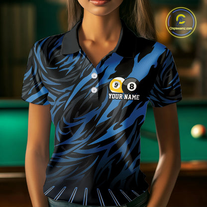 Funny 8 Ball & 9 Ball Billiard Polo & 1/4 Zip For Women Custom Pool Cue Pattern Billiard Jerseys |Blue NYN3018
