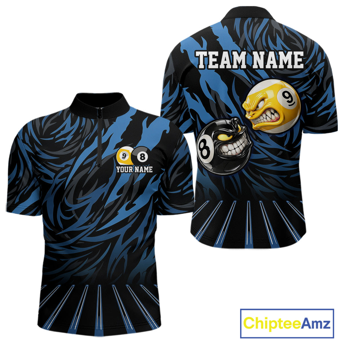 Funny 8 Ball & 9 Ball Billiard Polo & 1/4 Zip For Men Custom Pool Cue Pattern Billiard Jerseys |Blue NYN3018